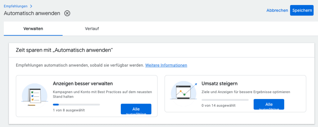 Insgesamt 22 Auto Apply Einstellungen in Google Ads – Übersicht aller Empfehlungen