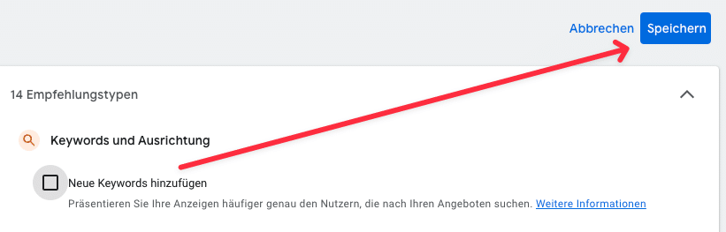 Entfernen der automatischen Einstellungen in Google Ads – Häkchen entfernen und dann speichern