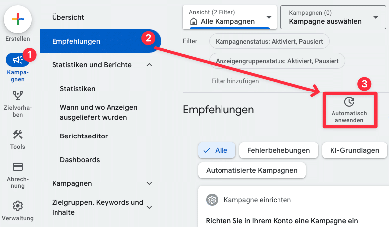 Einstellungen für automatische Anwendungen in Google Ads – Navigation über Kampagnen, Empfehlungen und Automatisch anwenden