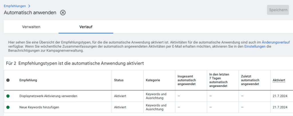 Änderungsverlauf der Auto Apply Recommendations in Google Ads – Übersicht der vorgenommenen Änderungen