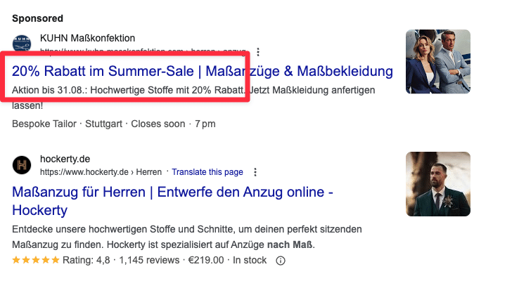 CTR optimierte Suchanzeige mit Summer Sale Informationen