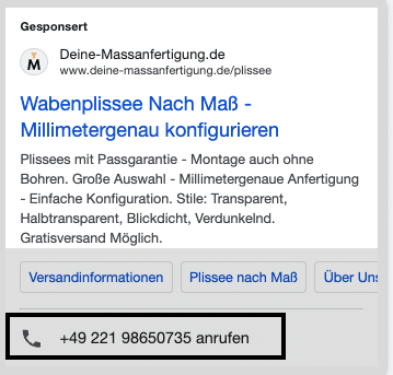 Google Ads Anruferweiterung mit Telefonnummer in der Suchanzeige
