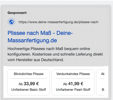 Google Ads Preiserweiterungen mit Produktpreisen in der Anzeige