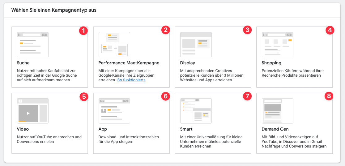 Alle 8 (9) Google Ads Kampagnen Typen im Erstellungsmenü