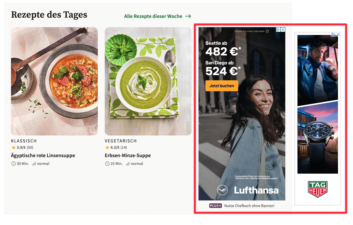 Responsive Display Anzeigen auf den Werbeplätzen bei Chefkoch – Lufthansa und TagHeuer Ads