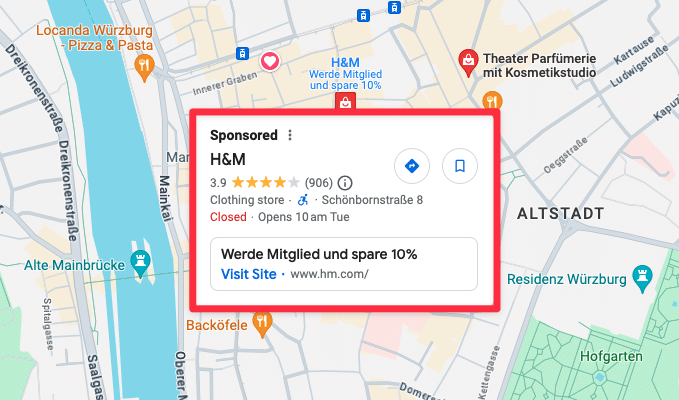 Anzeige für Lokales Inventar (Shopping Anzeigen) in Würzburg – H&M Anzeige auf Google Maps