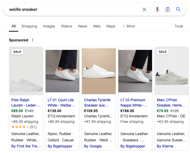 Shopping Ads als Beispiel für Performance Max Anzeigen in den Google Suchergebnissen