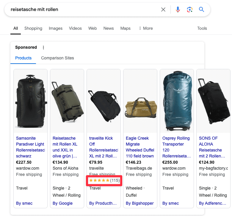 Beispiel für Google Shopping Anzeigen mit Produktbildern, Preisen und Sternebewertungen