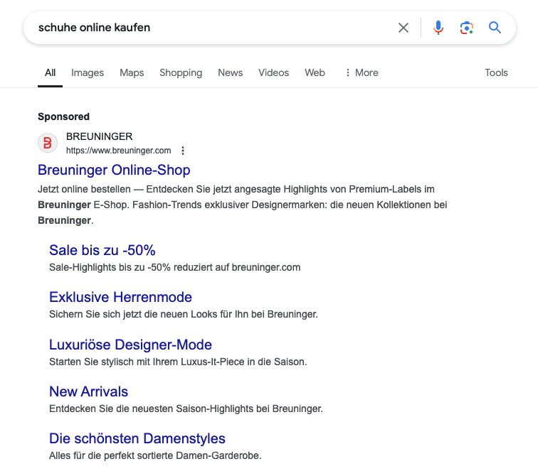 Google Ads Suchanzeige von Breuninger – Beispiel einer Textanzeige mit Sitelink-Erweiterungen