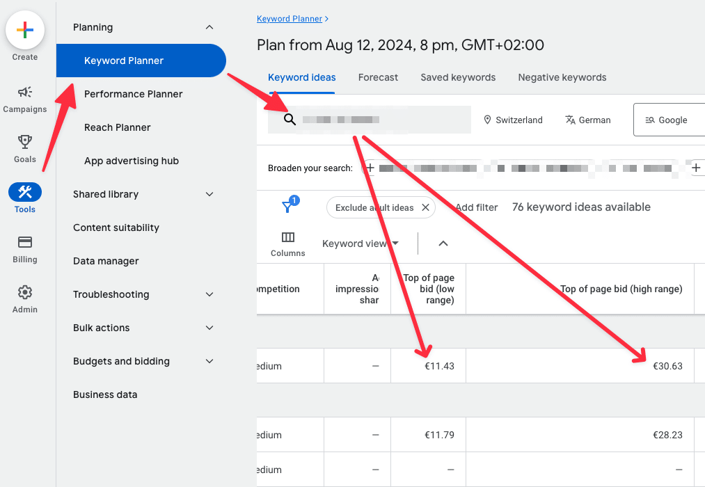 Beispielhafte Recherche im Google Keyword Planner für ein Keyword aus dem Dienstleistungsbereich