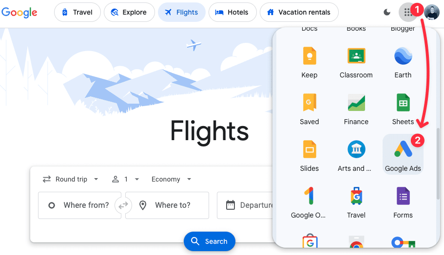 Google Apps Navigation zu Google Ads aus Google Flights