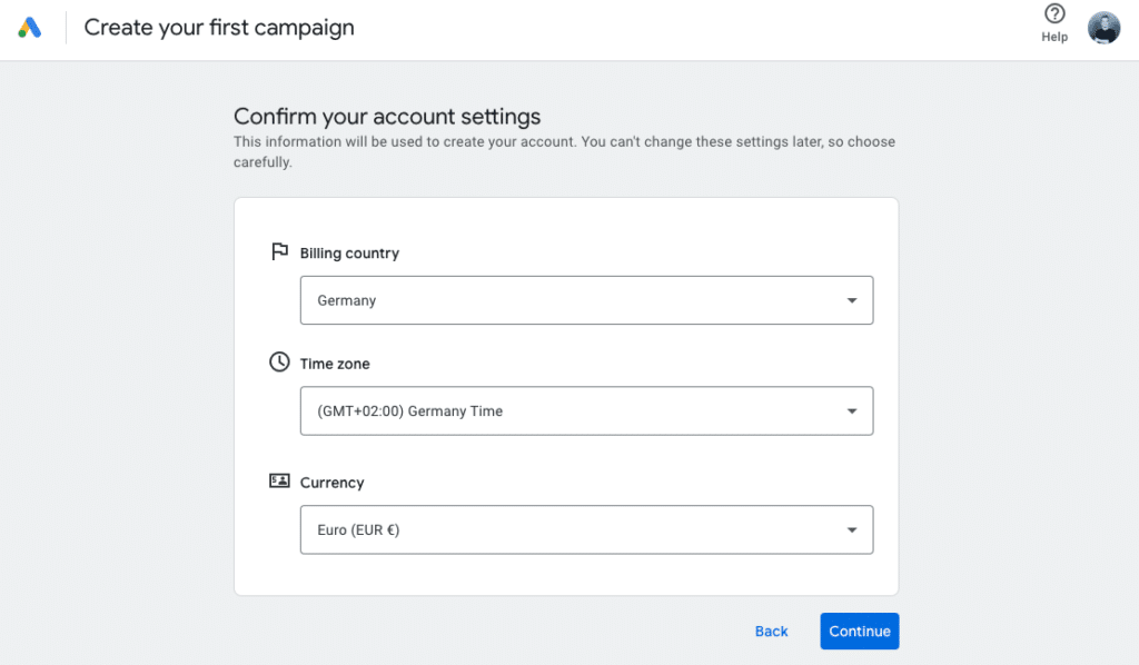 Google Ads Kontoeinstellungen – Land, Zeitzone, Währung
