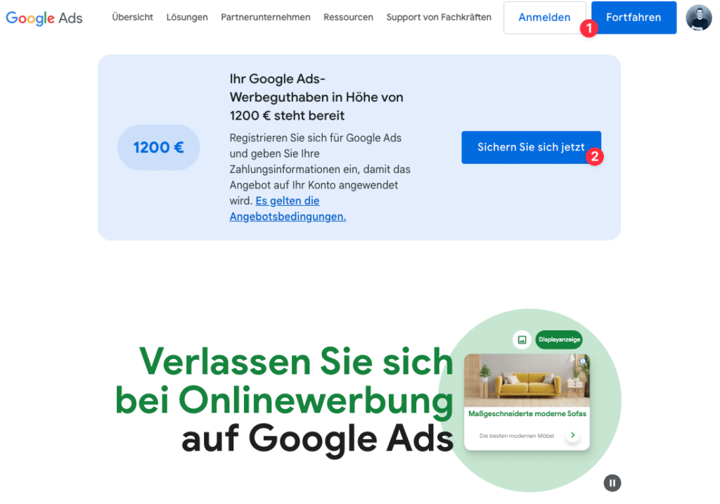 Google Ads Gutschein Angebot bis zu 1200€