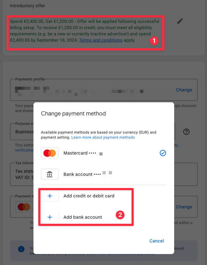 Payment Profil erstellen in Google Ads