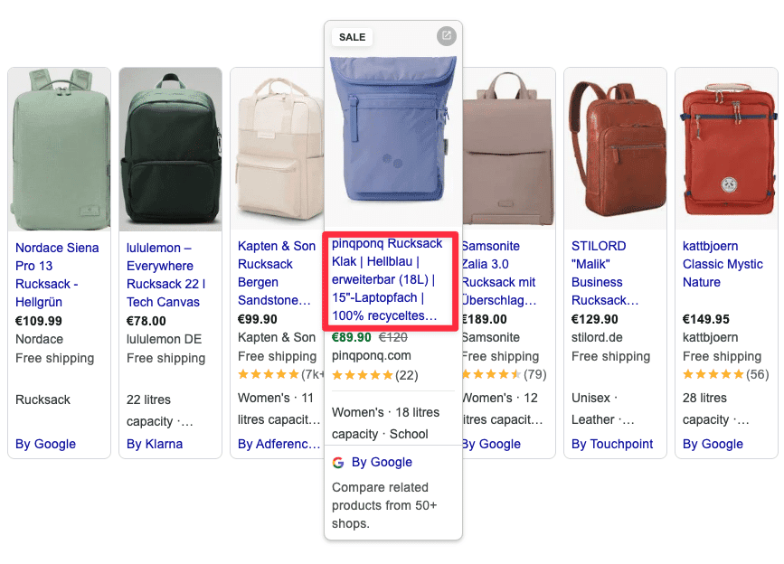 Hochrelevante Anzeige für das Keyword rucksack damen mit laptopfach