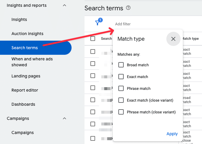 Match Type Filter Einstellung in Google Ads für den Vergleich von Kosten pro Conversion