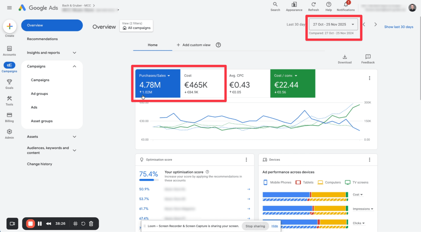 Google Ads Dashboard Vergleich: 4.78M € Umsatz bei 465k € Kosten – 85k € Ad Spend Ersparnis pro Monat bei gleichzeitiger Umsatzsteigerung von 1 Mio. €