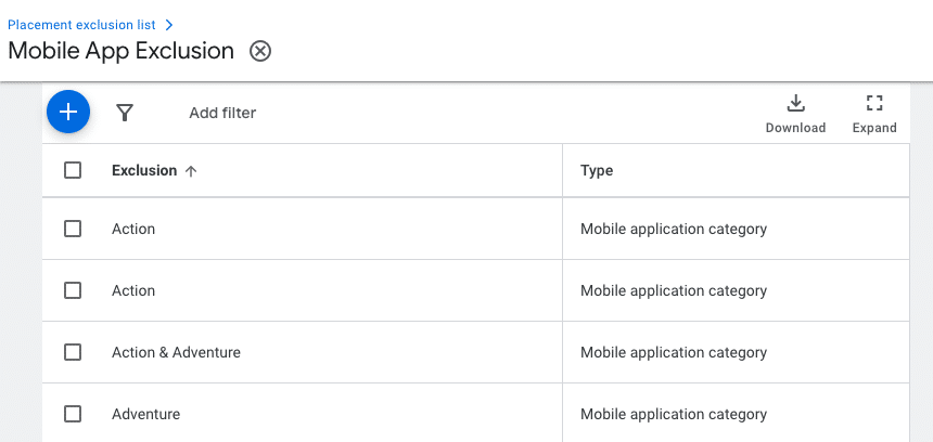 Mobile App Exclusion Liste mit allen 140 App Placements
