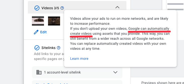 Automatisch erstellte Video Assets in Google Ads Performance Max Kampagnen – Einstellung zum Deaktivieren