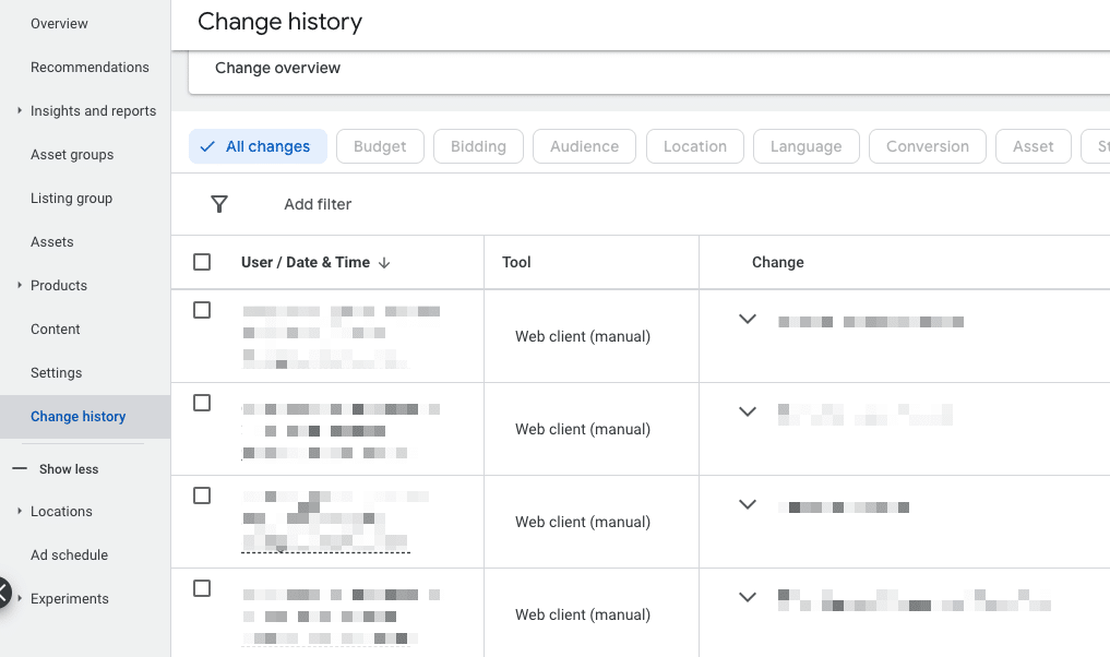 Anpassungen im Change History Tool in Google Ads