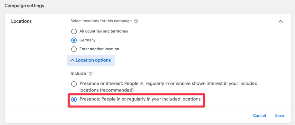 Präsenzeinstellungen im Geo-Targeting der Kampagneneinstellungen in Google Ads