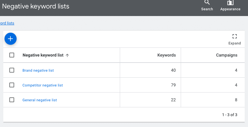 Negative Keyword Listen in Google Ads