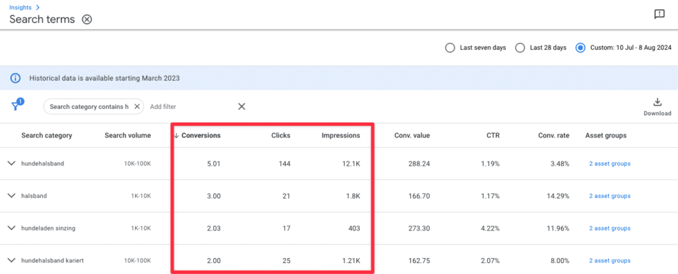 Search Term Report im Insights Tab einer Performance Max Kampagne