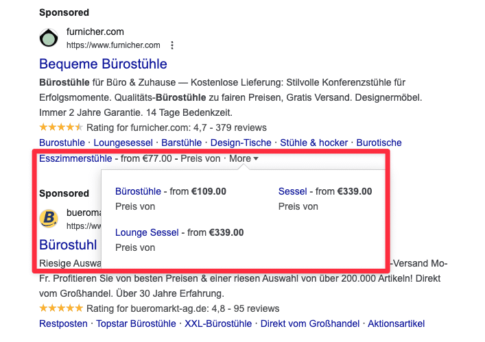 Preiserweiterung bei Google Textanzeigen auf der SERP