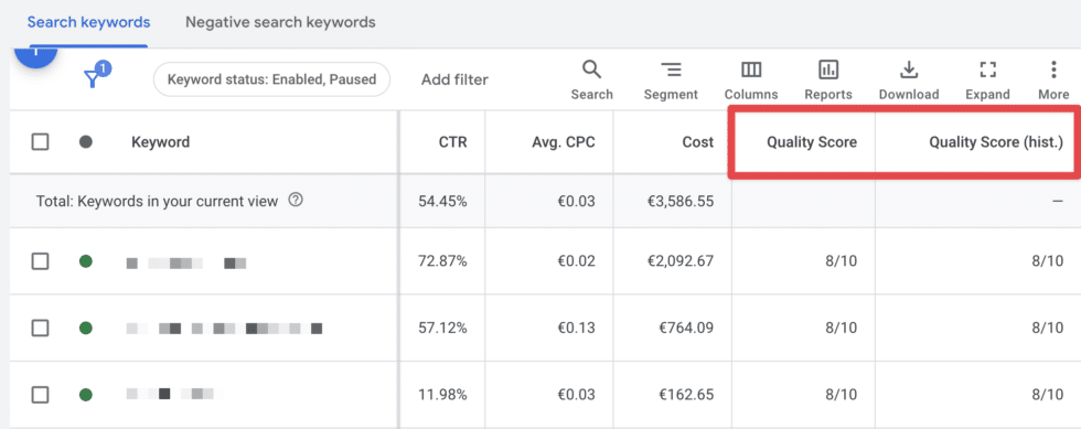 Quality Score Spalten in Google Ads – Beispiel Brandkampagne mit hohen Qualitätsfaktoren und günstigen CPCs