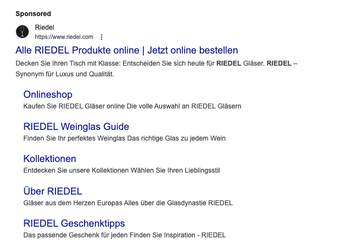 Beispiel für eine Google Suchanzeige – RIEDEL Textanzeige für die Bewerbung der eigenen Brand