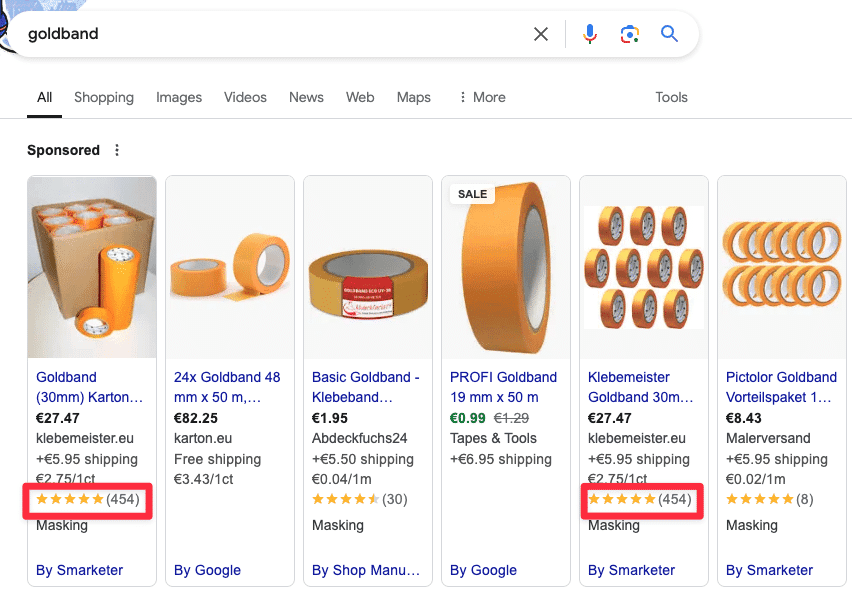 Beispiel für Produktbewertungen bei Google Shopping Ads mit Sternebewertungen