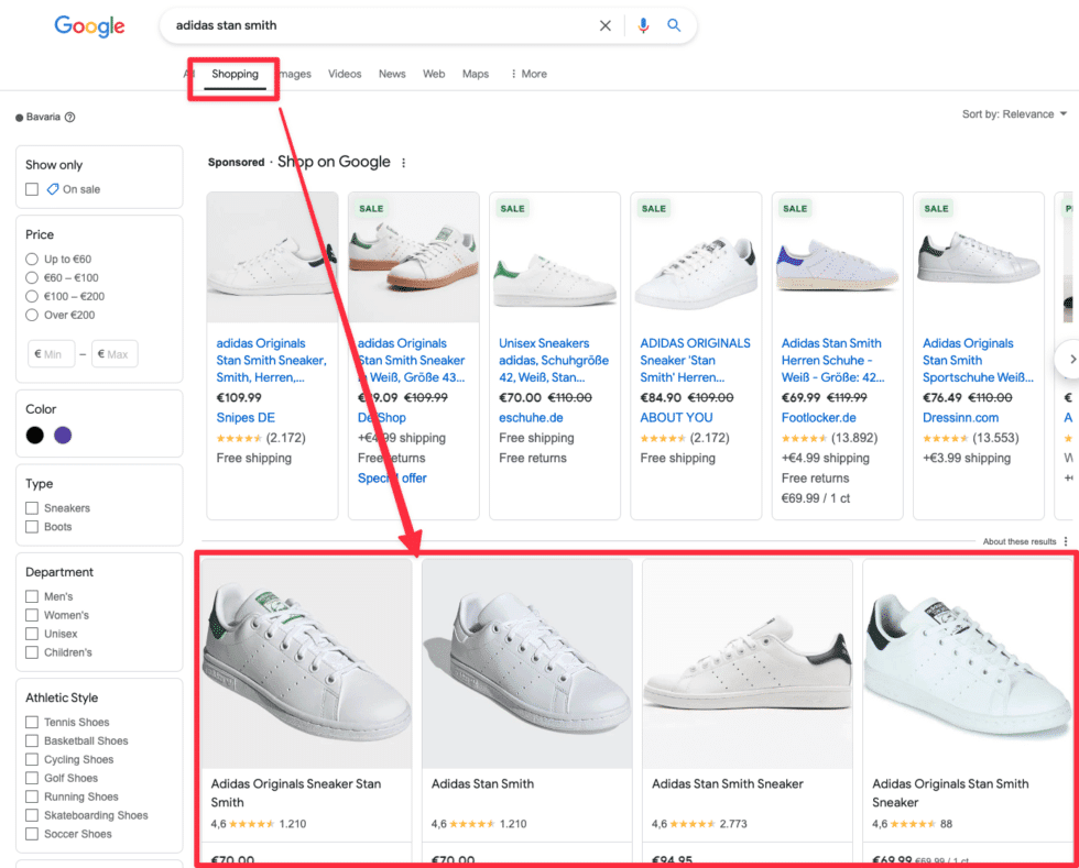Free Listings unterhalb der Google Shopping Ads im Reiter Shopping