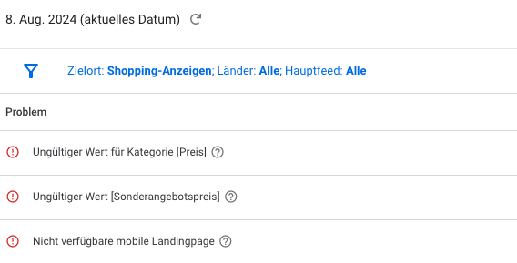 Beispielhafte Probleme und Fehler bei Google Shopping Ads im Merchant Center