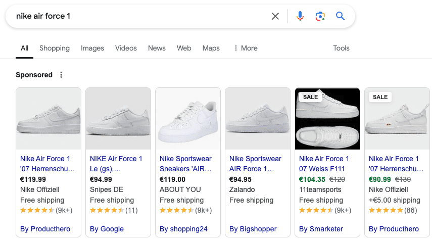 Promotion Sale in Google Shopping Ads für Nike Air Force 1