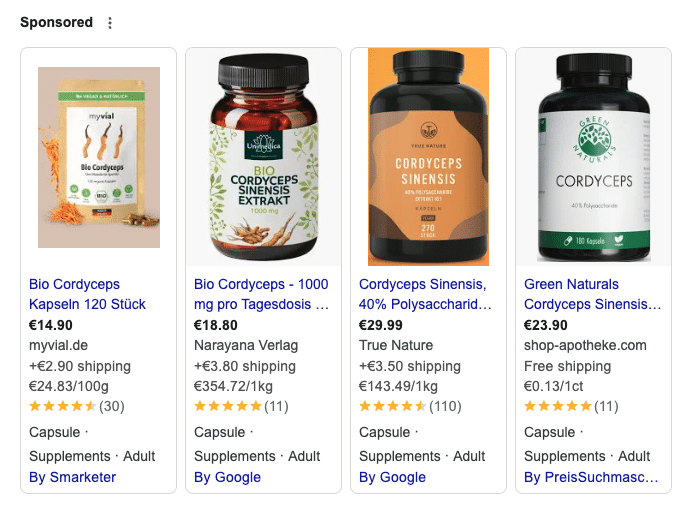 Beispiel von Google Shopping Anzeigen für Supplemente im Suchergebnis