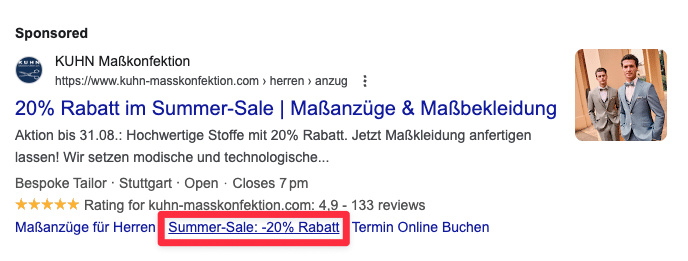 Sitelink Erweiterung als Kommunikation für Sale und Angebote