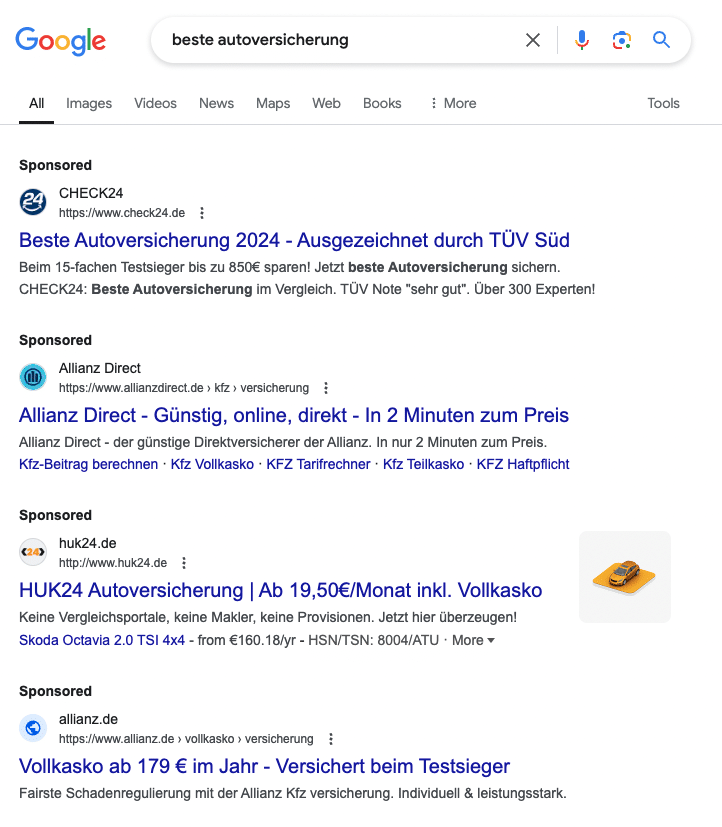 Headlines für Google Ads Textanzeigen zum Keyword beste autoversicherung