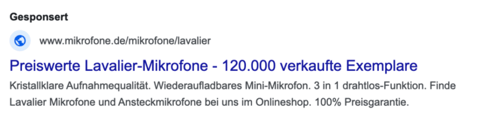 Beispiel einer Google Ads Textanzeige für Uniqueness mit Social Proof