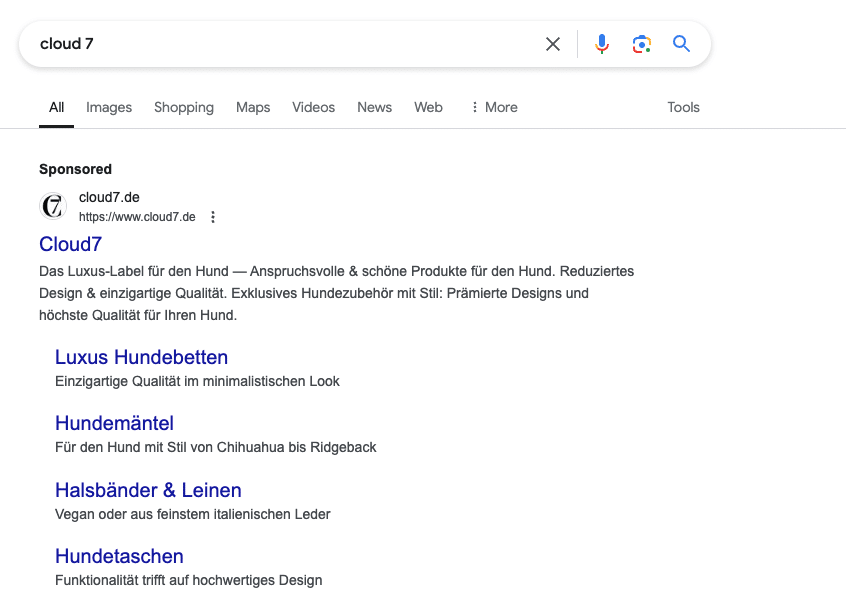Beispiel einer branded Search Ad von Cloud 7