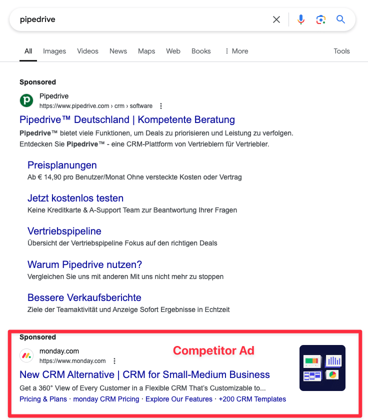 Beispiel für Competitor Suchanzeige von monday.com und Pipedrive