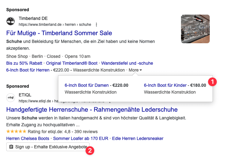Beispiele für Suchanzeigen zum Keyword Lederschuhe mit Preiserweiterungen und Lead-Formular