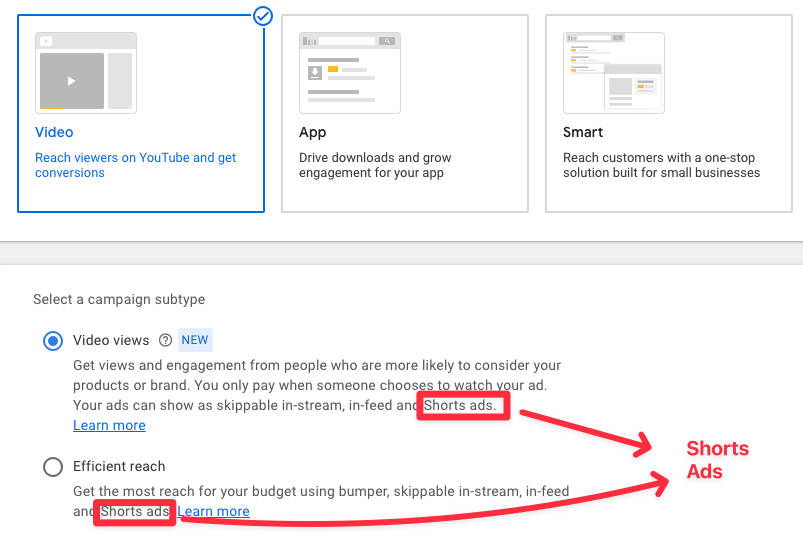 YouTube Shorts Ads als Kampagnen Subtyp in Google Ads