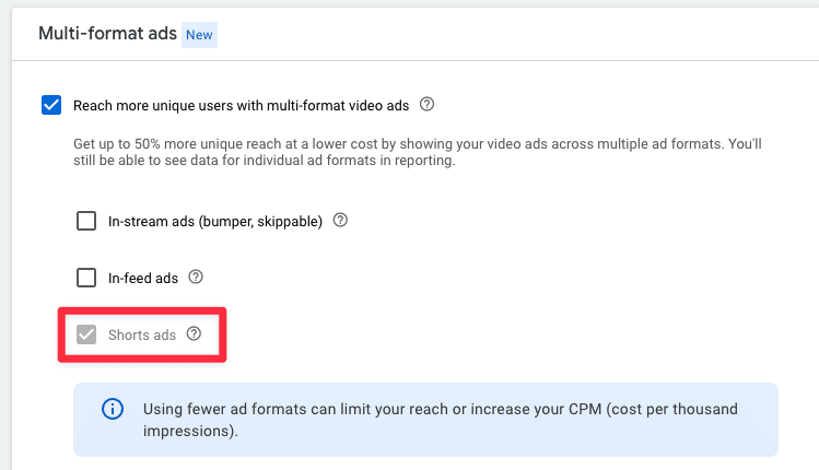 Multi Format Ads Einstellung für YouTube Shorts in Google Ads