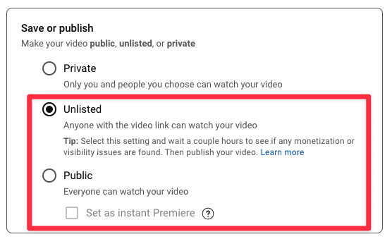 YouTube Shorts Ads Visibility Einstellung auf Unlisted oder Public