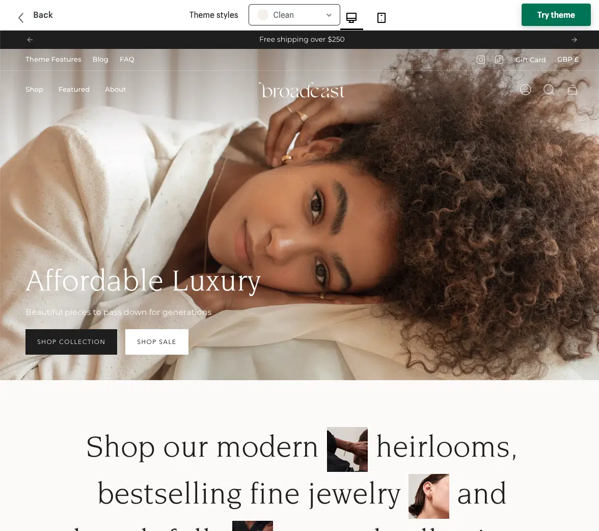 Shopify Theme "Broadcast" im Demo Store