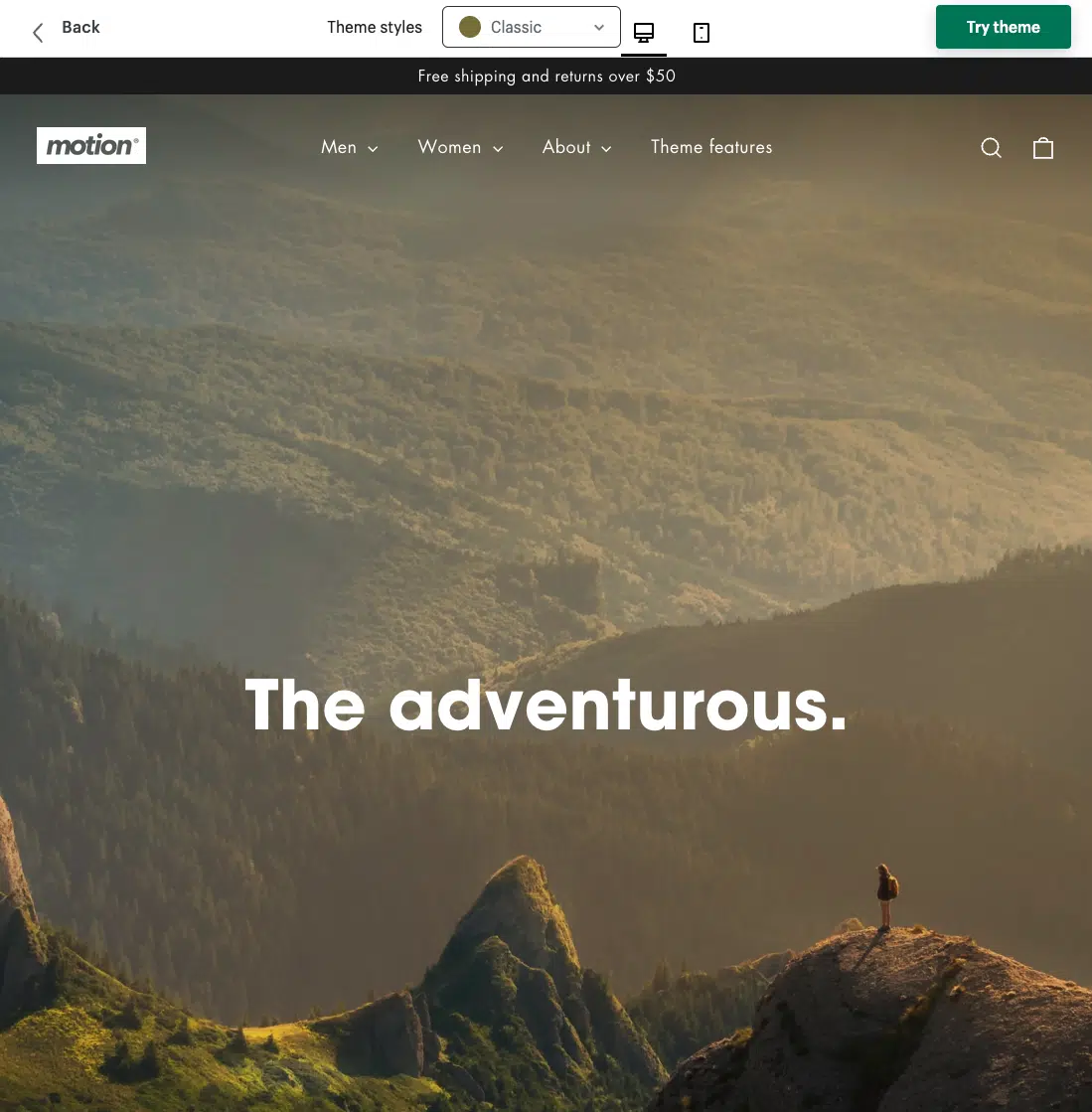 Beispiel einer Store Front mit dem Shopify Theme "Motion"